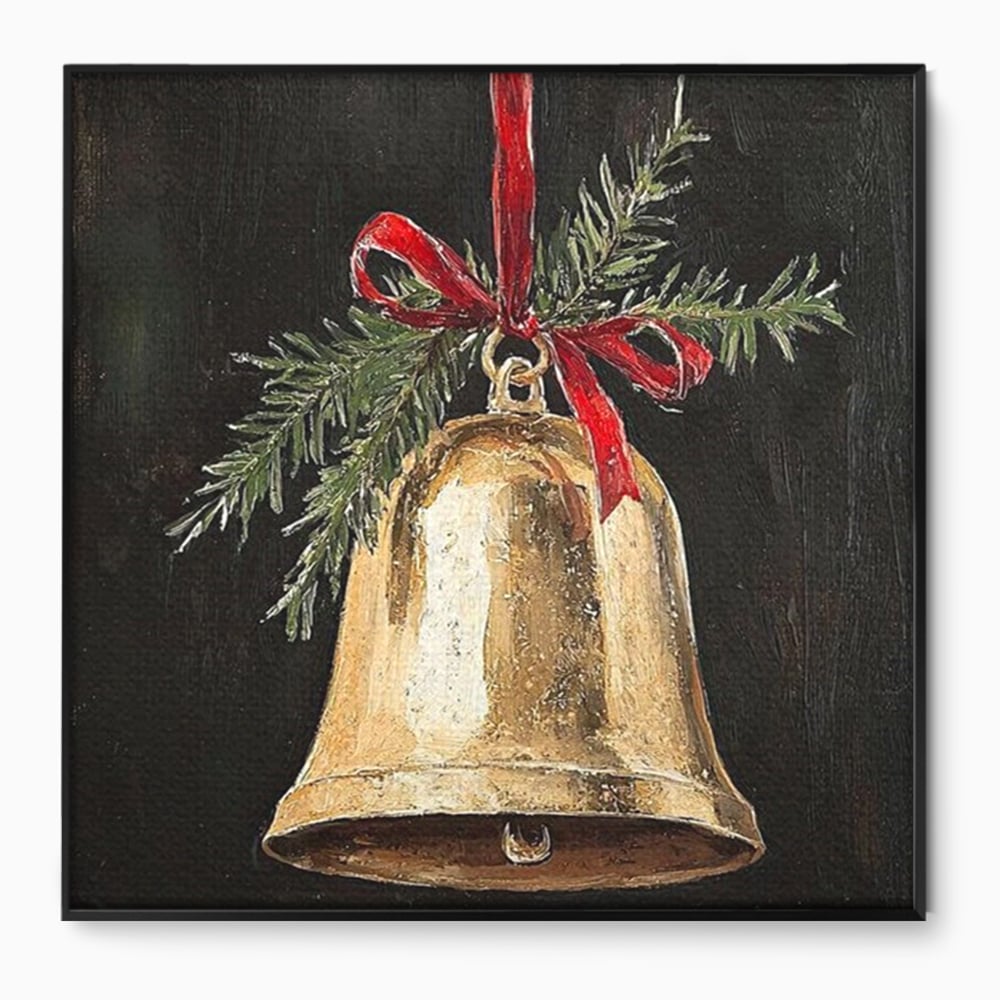 Tablou canvas cu tablou patrat cu clopotel auriu si brad, in rama de aluminiu negru